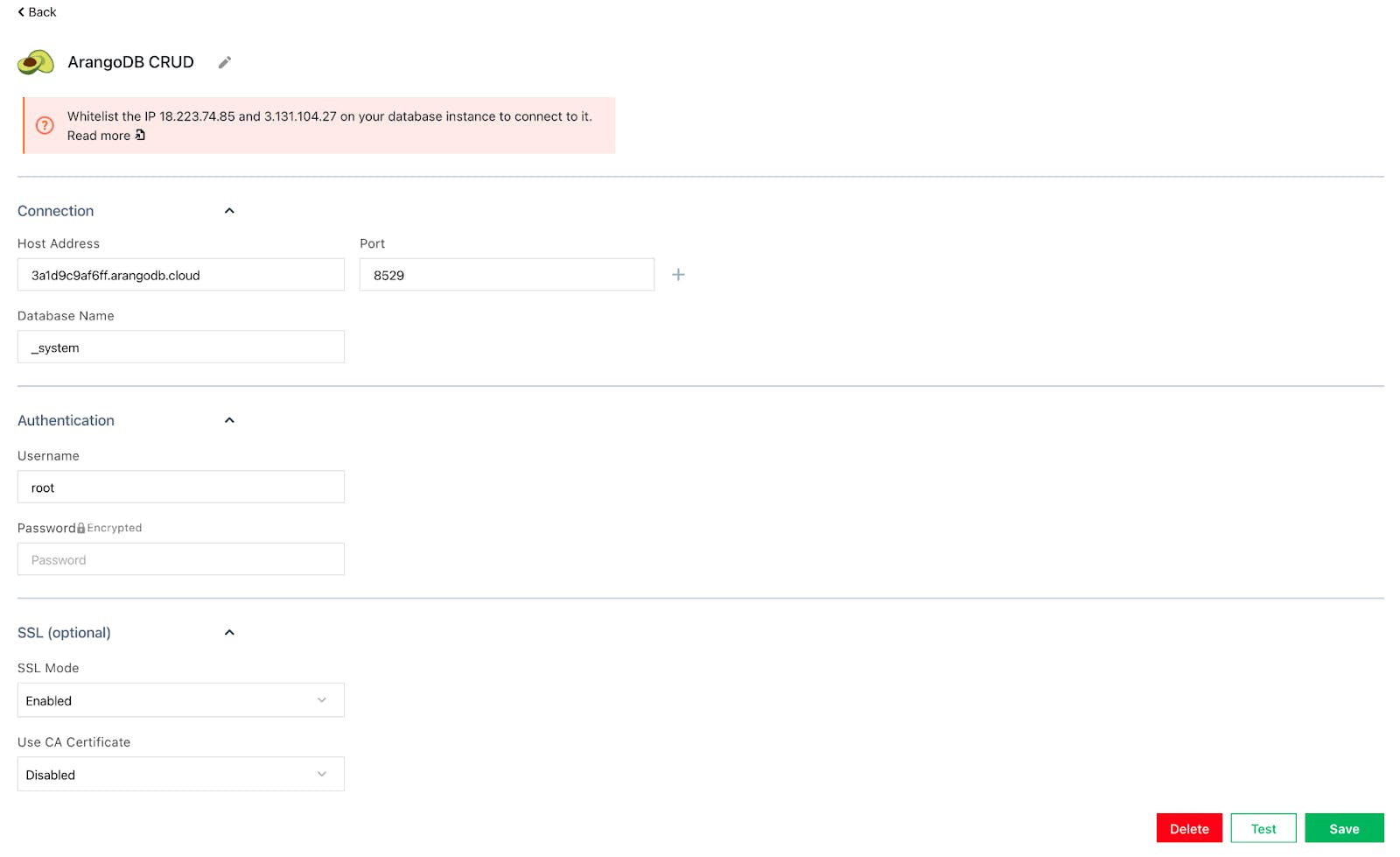 Configuring an ArangoDB datasource.