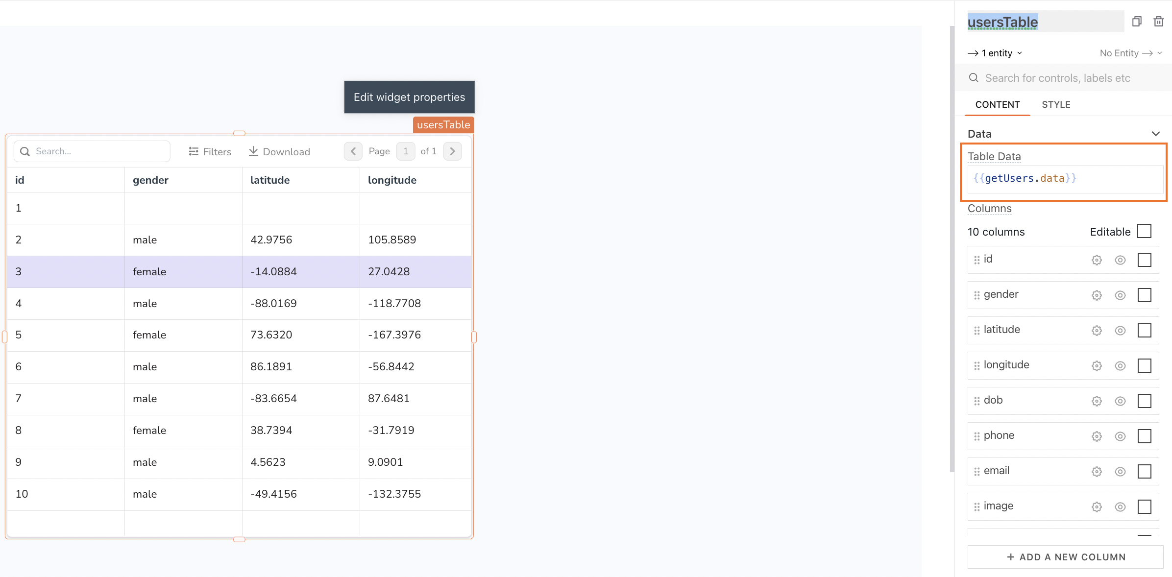 Display data in table